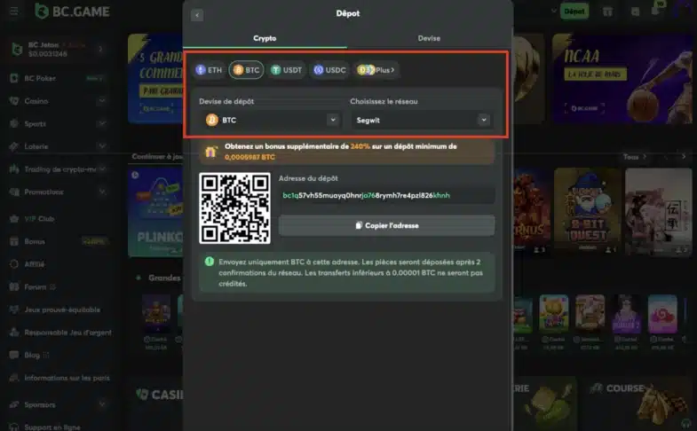 déposer choisir crypto-monnaie crypto casino