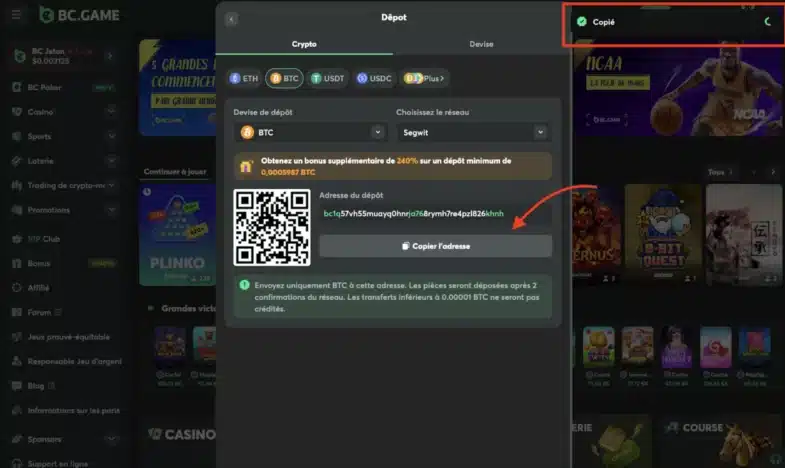 copier adresse crypto casino
