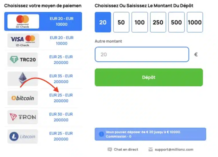 options de dépôt casino dépôt 20€
