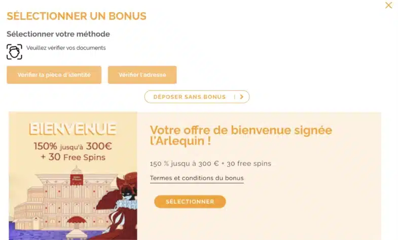 sélectionner bonus casino dépôt 20€