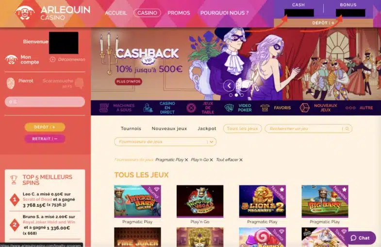 recevoir argent casino dépôt 20€
