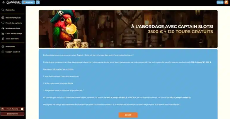 bonus de bienvenue captainslots