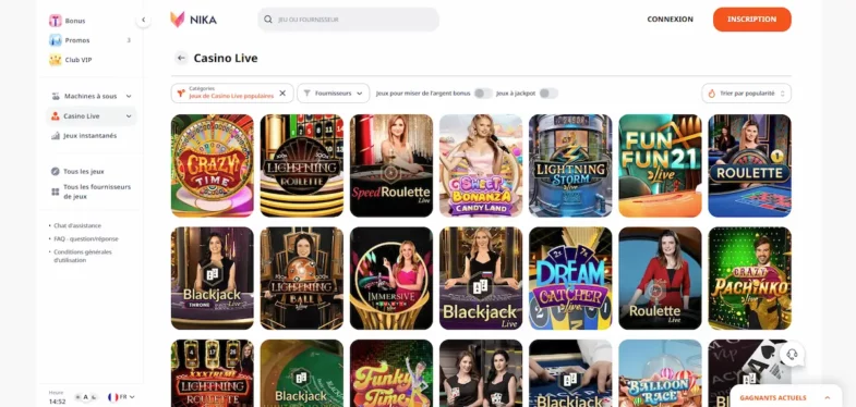 Jeux en direct Nika Casino