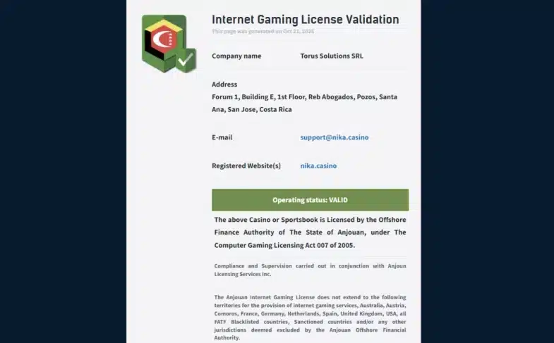 Licence Nika Casino