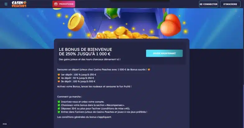 Avis Casino Peaches : bonus sans dépôt et retraits 3 Bonus de bienvenue de Casino Peaches sur trois dépôts