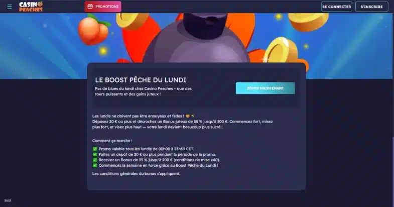 Avis Casino Peaches : bonus sans dépôt et retraits 4 Bonus du lundi sur Casino Peaches