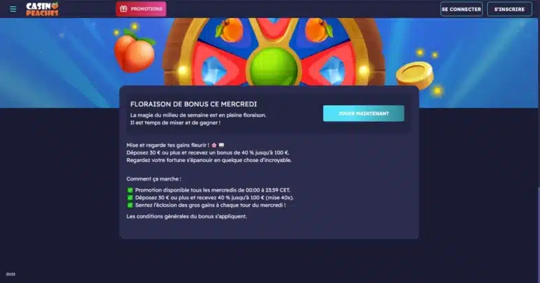 Avis Casino Peaches : bonus sans dépôt et retraits 5 Bonus du mercredi sur Casino Peaches