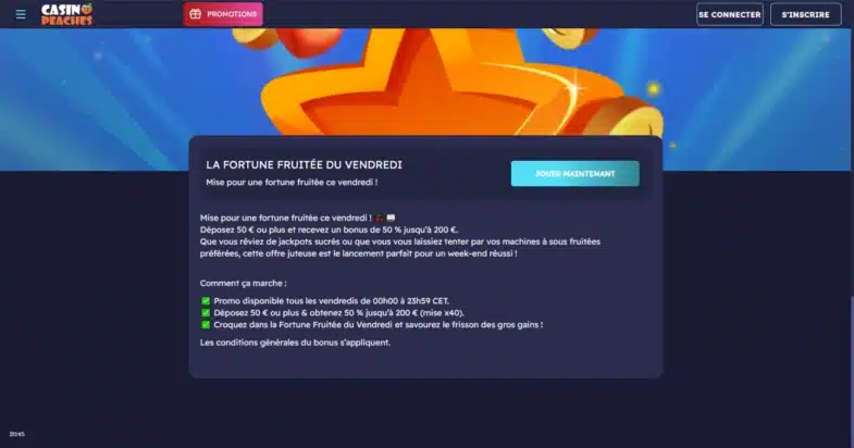 Avis Casino Peaches : bonus sans dépôt et retraits 6 Bonus du vendredi sur Casino Peaches