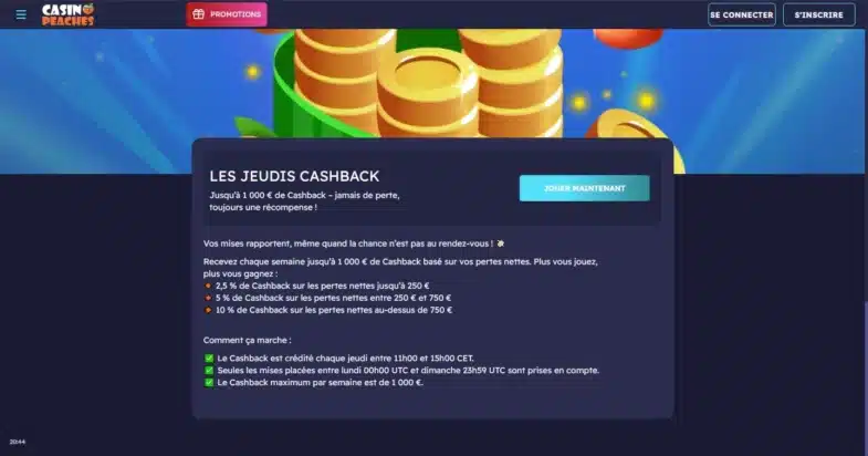 Avis Casino Peaches : bonus sans dépôt et retraits 10 Le cashback du jeudi sur Casino Peaches
