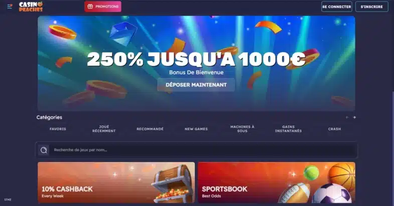 Avis Casino Peaches : bonus sans dépôt et retraits 1 Page d'accueil de Casino Peaches